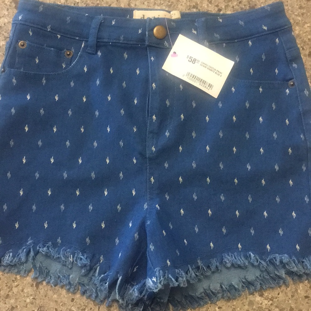 High waisted cactus print jean shorts